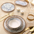 27-piece porcelain dinnerware set — blue/brown
