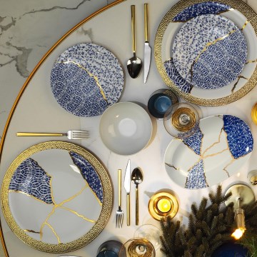 28-Piece White/Gold/Blue Porcelain Dinner Set