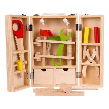30-piece wooden tool set in a storage case