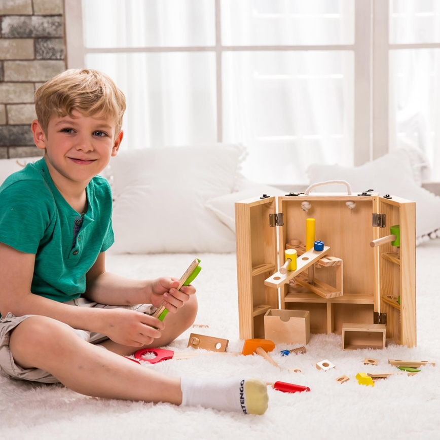 30-piece wooden tool set in a storage case