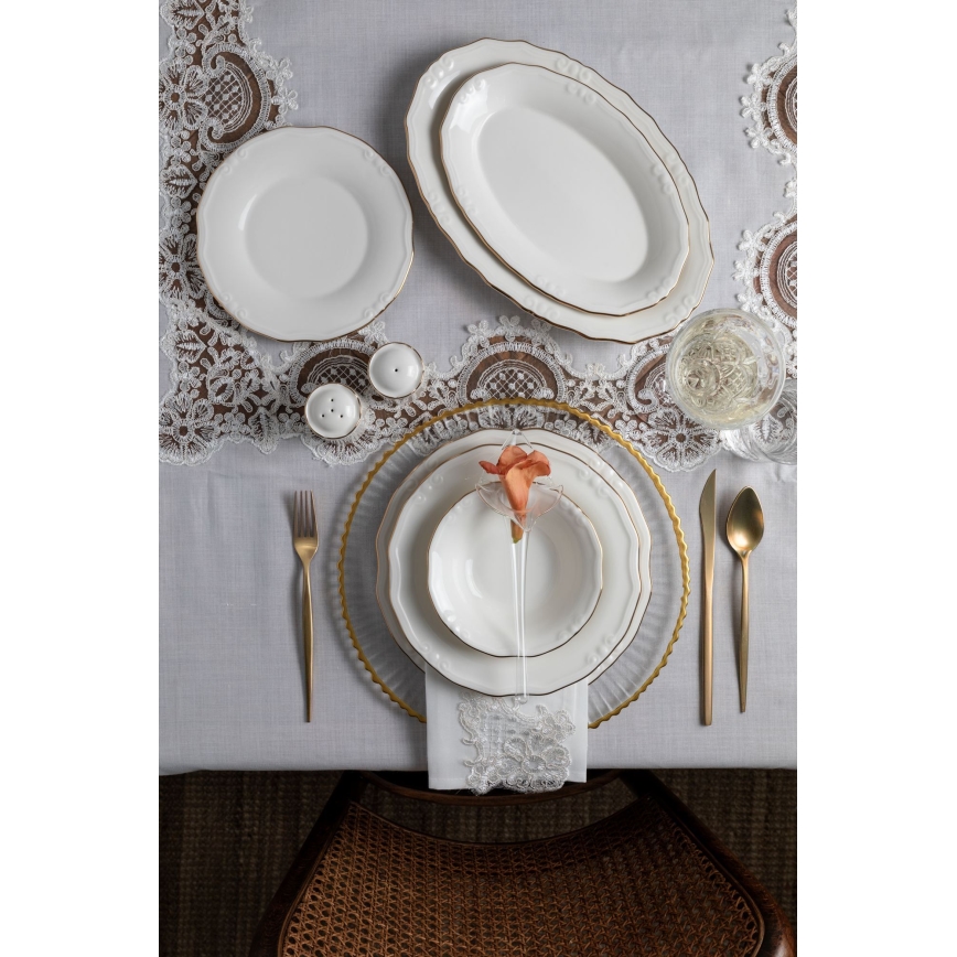 53-piece porcelain dinnerware set — white with gold trim
