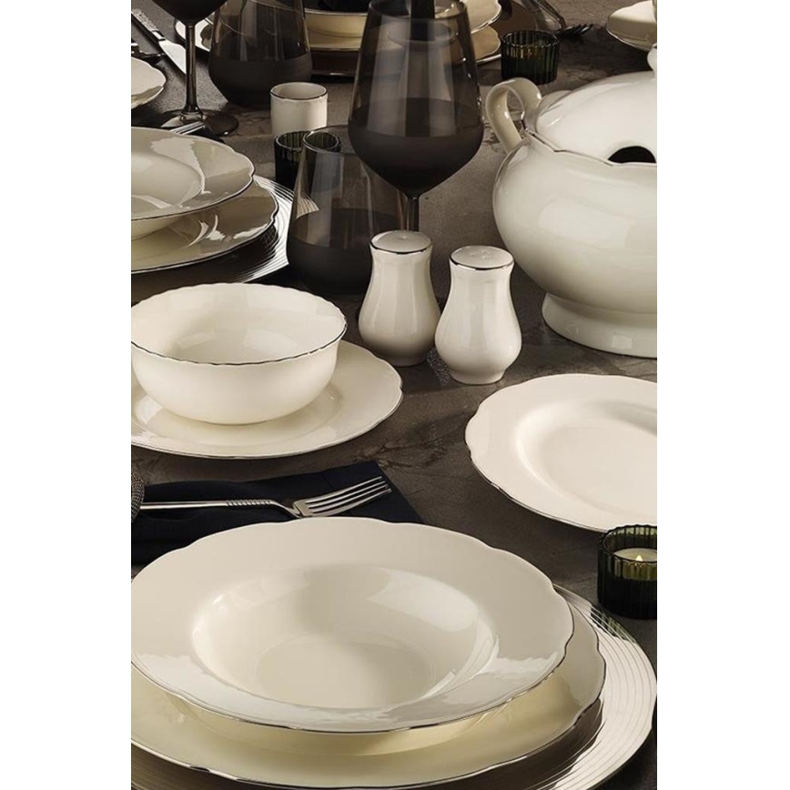 54-piece porcelain dinner set, white/silver/ivory