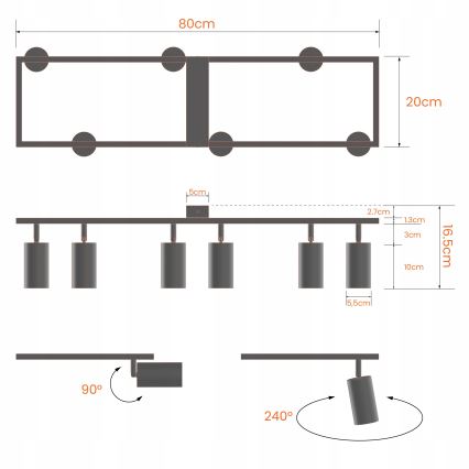 6-Light GU10 Spotlight Fixture, 30W per Lamp, 230V, Black