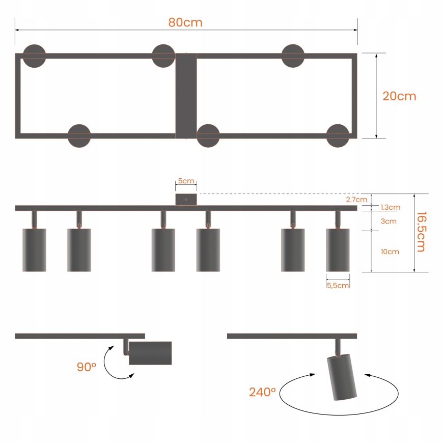 6-Light GU10 Spotlight Fixture, 30W per Lamp, 230V, Black