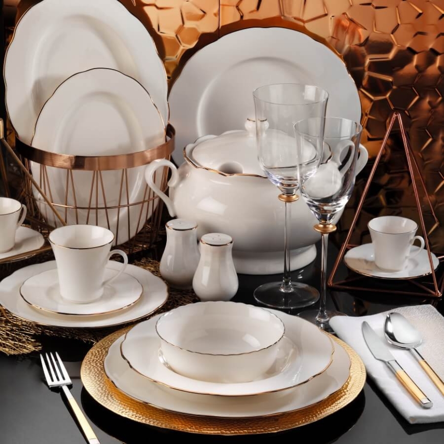 83-piece Porcelain Dining Set – White with Copper Accents