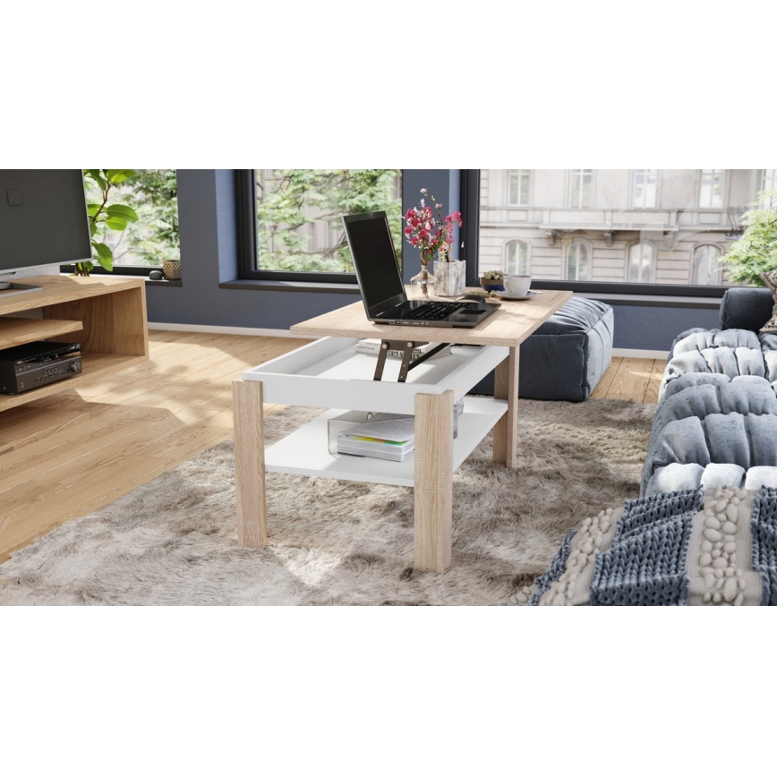 ADEN Extendable Coffee Table with Lift-Top and Shelf, Sonoma Oak/White