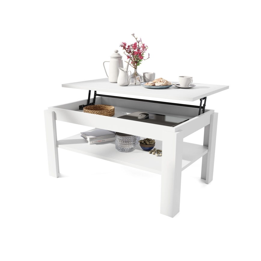 ADEN Extendable Coffee Table with Lift-Up Top and Shelf, White