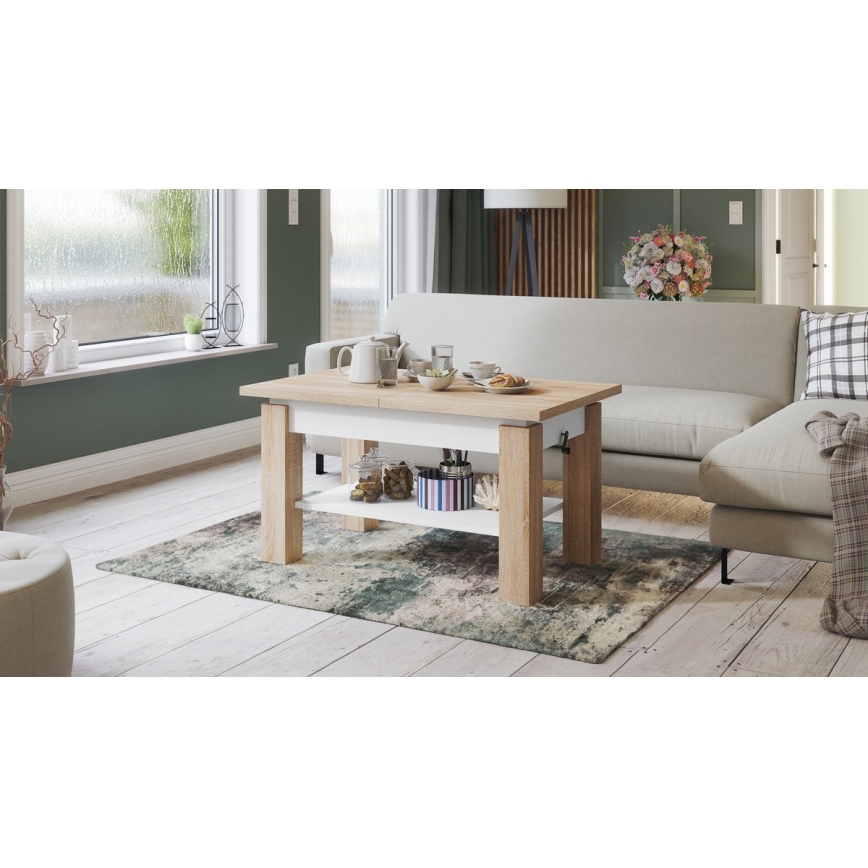 ADONIS Extendable Coffee Table with Shelf 110/150 x 68 cm, Sonoma Oak/White