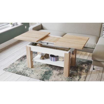 ADONIS Extendable Coffee Table with Shelf 110/150 x 68 cm, Sonoma Oak/White