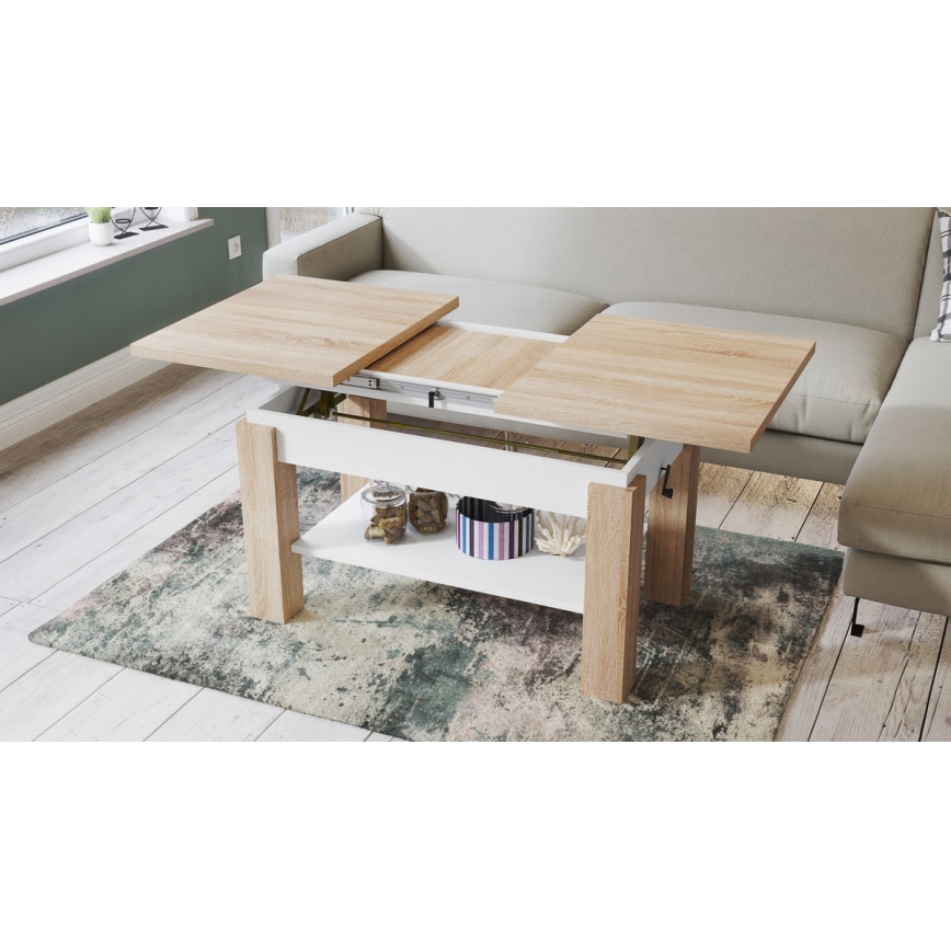 ADONIS Extendable Coffee Table with Shelf 110/150 x 68 cm, Sonoma Oak/White