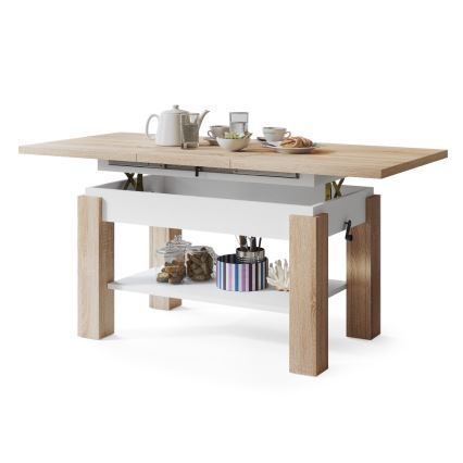 ADONIS Extendable Coffee Table with Shelf 110/150 x 68 cm, Sonoma Oak/White