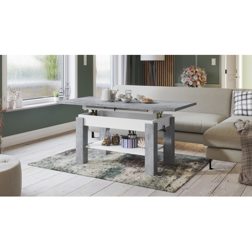 ADONIS Extendable Coffee Table with Shelf 110/150x68 cm, Concrete Grey/White