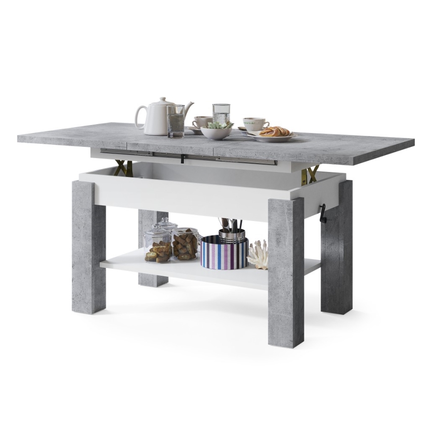 ADONIS Extendable Coffee Table with Shelf 110/150x68 cm, Concrete Grey/White