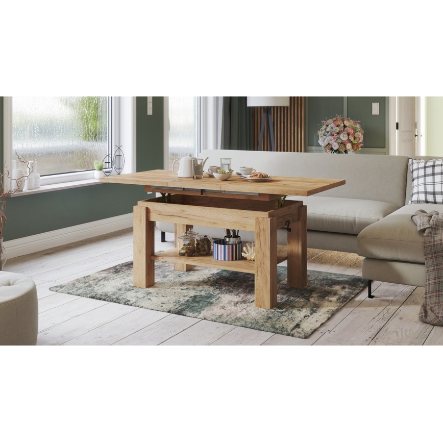 ADONIS Extendable Coffee-to-Dining Table with Shelf, Craft Oak