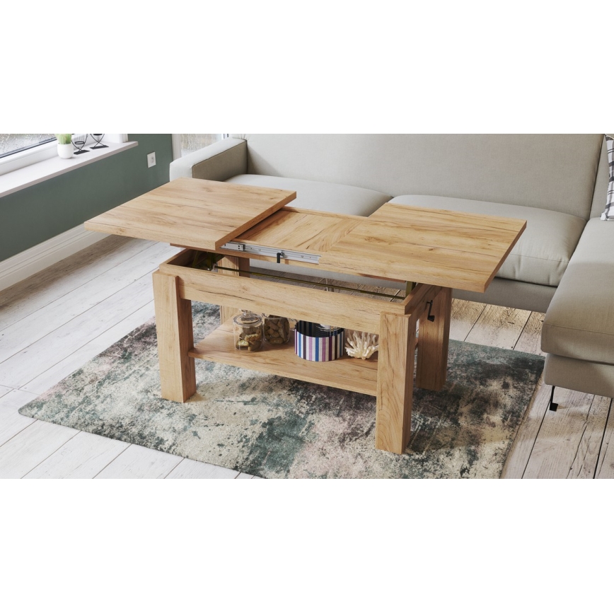 ADONIS Extendable Coffee-to-Dining Table with Shelf, Craft Oak