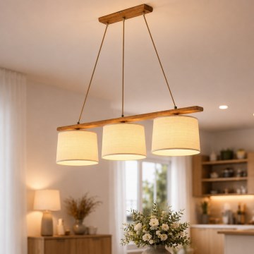 AIDA cable-hung pendant light 3xE27/15W/230V Ø 25 cm oak/raffia
