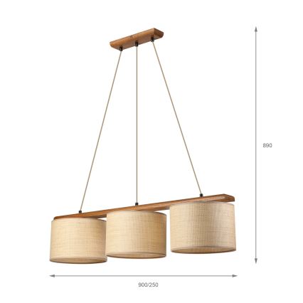 AIDA cable-hung pendant light 3xE27/15W/230V Ø 25 cm oak/raffia