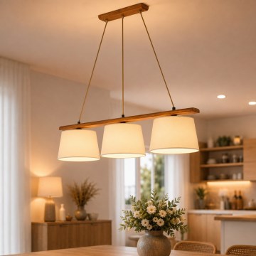 AIDA cord-hung pendant chandelier, 3xE27/15W/230V, Ø 25 cm, oak/cream