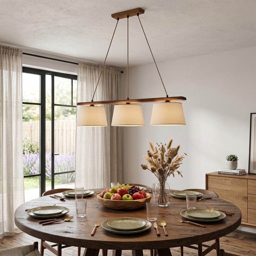 AIDA cord-hung pendant chandelier, 3xE27/15W/230V, Ø 25 cm, oak/cream