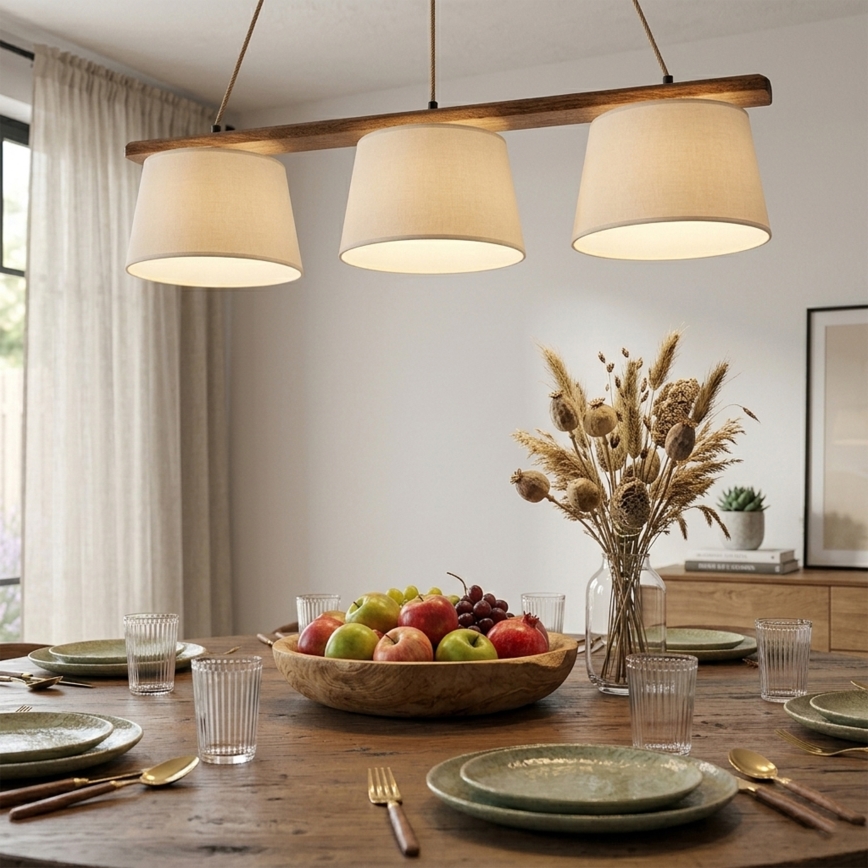 AIDA cord-hung pendant chandelier, 3xE27/15W/230V, Ø 25 cm, oak/cream