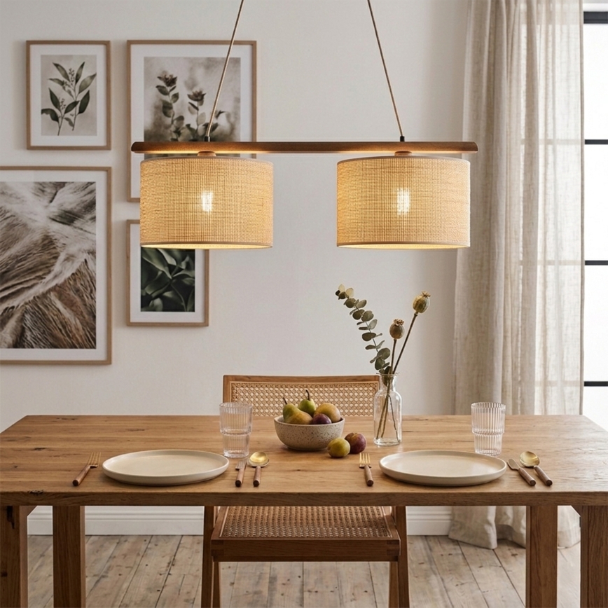 AIDA pendant lamp on cord, 2× E27/15W/230V, Ø 35 cm, oak/raffia