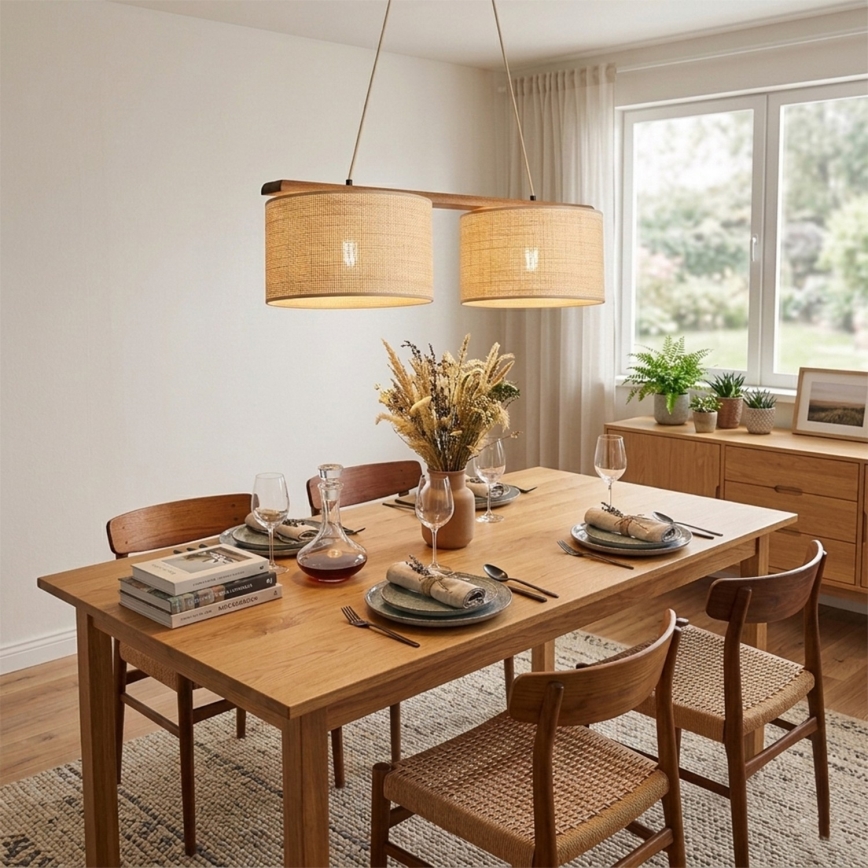 AIDA pendant lamp on cord, 2× E27/15W/230V, Ø 35 cm, oak/raffia