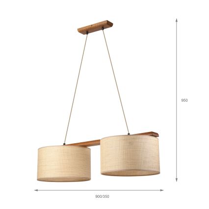 AIDA pendant lamp on cord, 2× E27/15W/230V, Ø 35 cm, oak/raffia