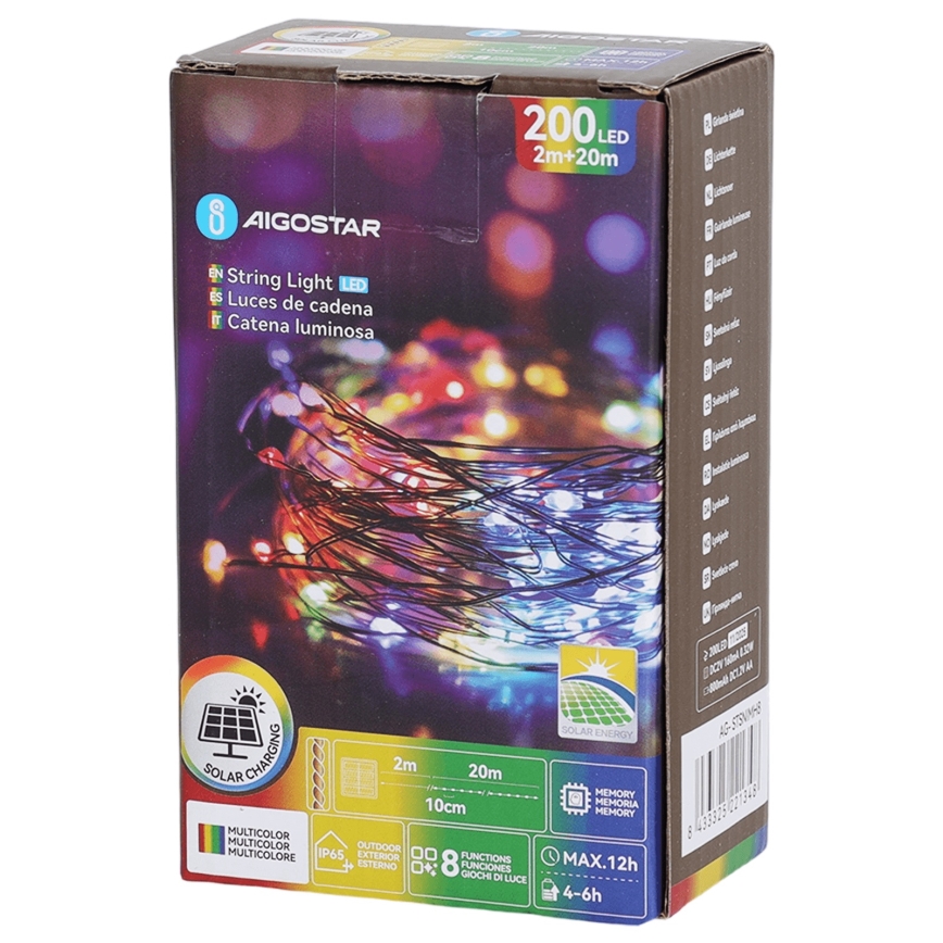 Aigostar - LED Solar String Lights, 200 LEDs / 8 Modes, 22 m, IP65, Multicolor, 800 mAh