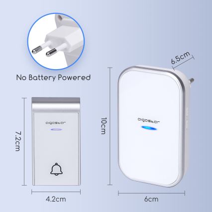 Aigostar - Wireless Plug-in Doorbell 230V/12V IP44 White