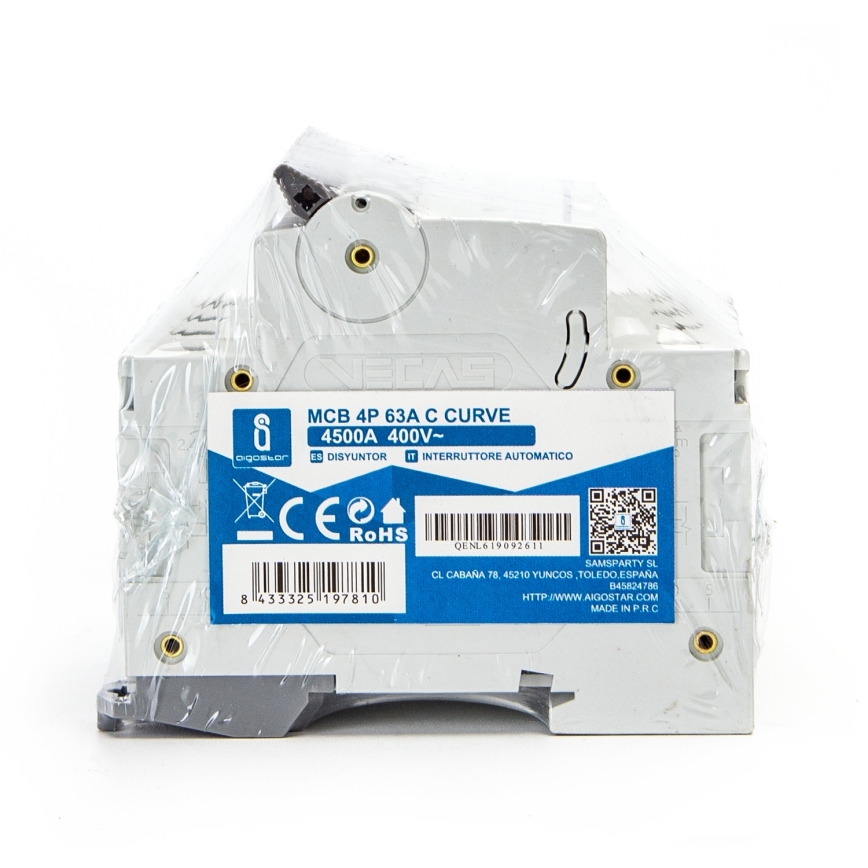 Aigostar - 4-pole (4P) Circuit Breaker 63A, C-curve, 400V