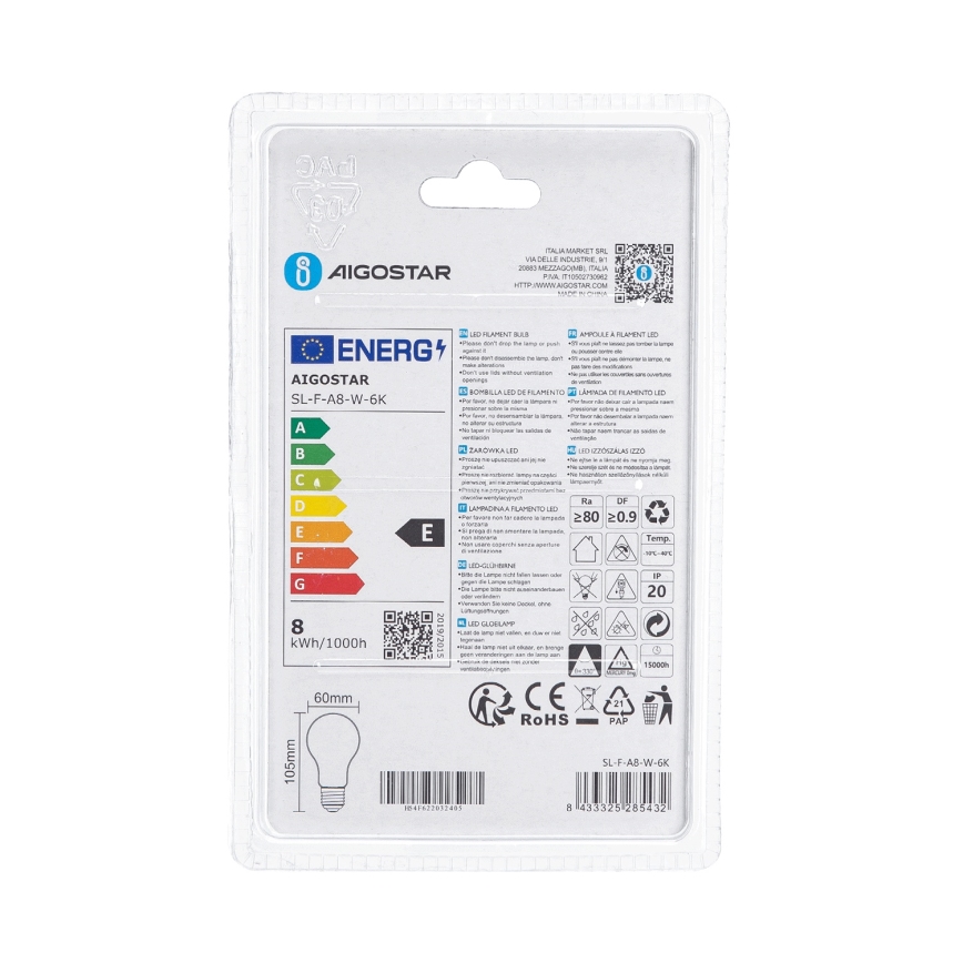 Aigostar A60 LED Bulb E27, 8W, 230V, 330°, 6500K