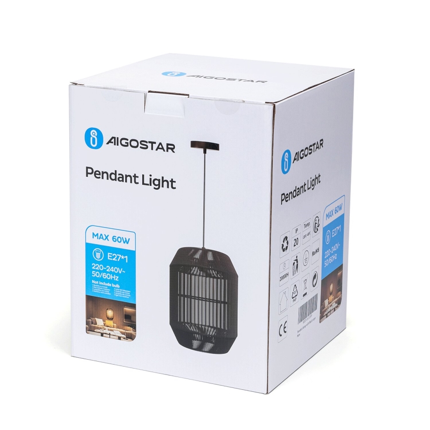 Aigostar - Cable-suspended pendant light 1xE27/60W/230V black Ø 23 cm