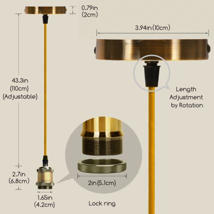 Aigostar - Charging cable 1xE27/60W/230V gold
