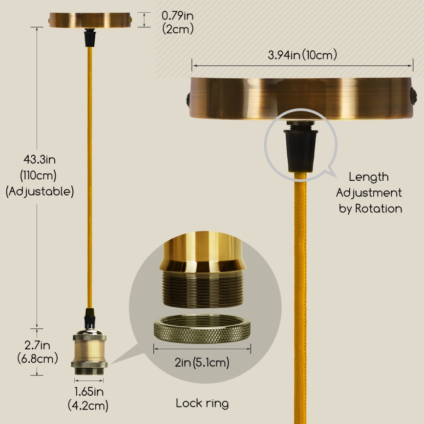 Aigostar - Charging cable 1xE27/60W/230V gold