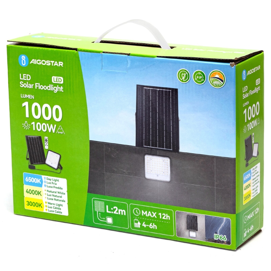 Aigostar - Dimmable LED Solar Floodlight LED/100W/3.4V 3000/4000/6500K IP66 8000 mAh + Remote Control