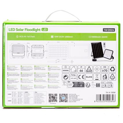 Aigostar - Dimmable LED Solar Floodlight LED/100W/3.4V 3000/4000/6500K IP66 8000 mAh + Remote Control