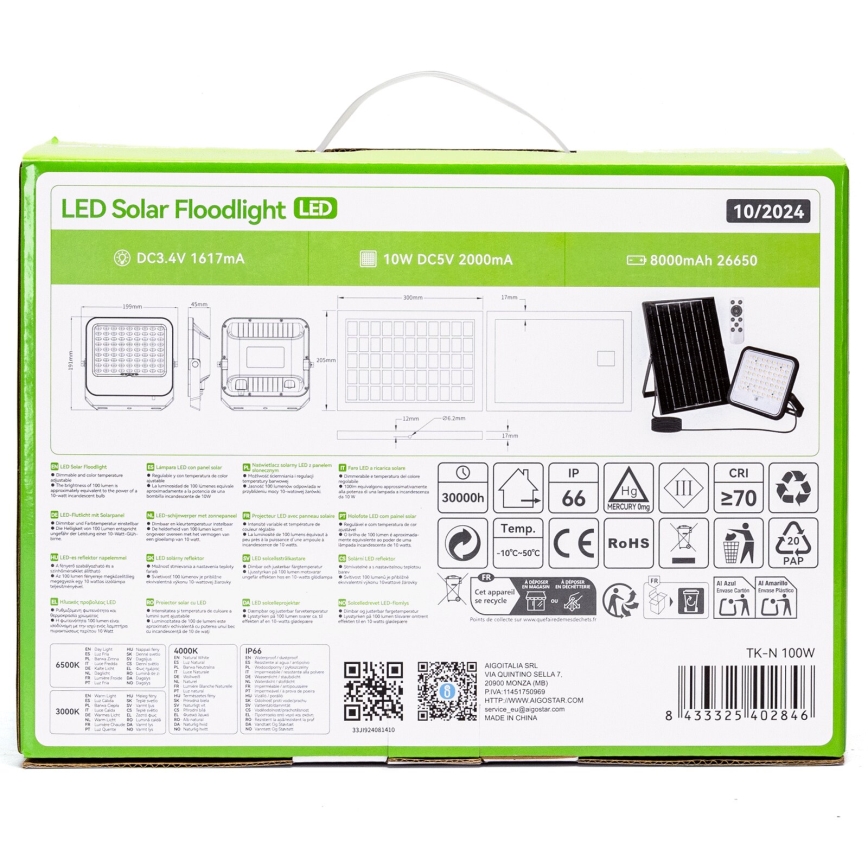 Aigostar - Dimmable LED Solar Floodlight LED/100W/3.4V 3000/4000/6500K IP66 8000 mAh + Remote Control