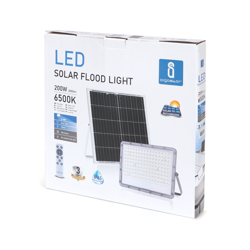 Aigostar - 200W Dimmable Solar LED Floodlight, 3.4V, 20000 mAh, IP65, with Remote Control
