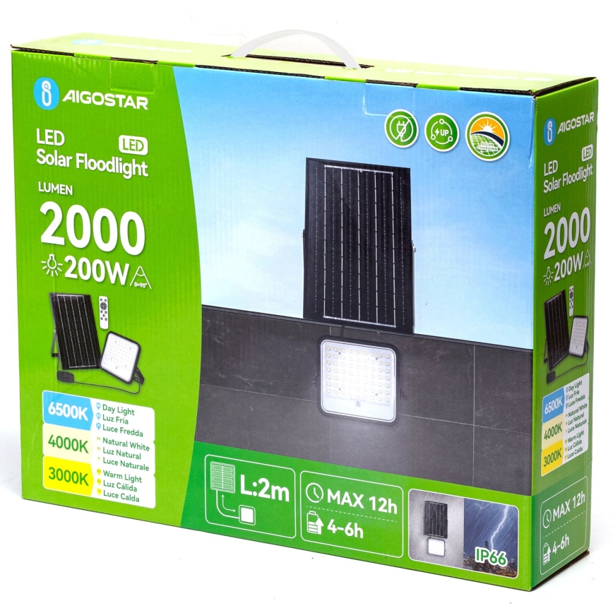 Aigostar - Dimmable LED Solar Floodlight LED/200W/3,4V 3000/4000/6500K IP66 16000 mAh + remote control