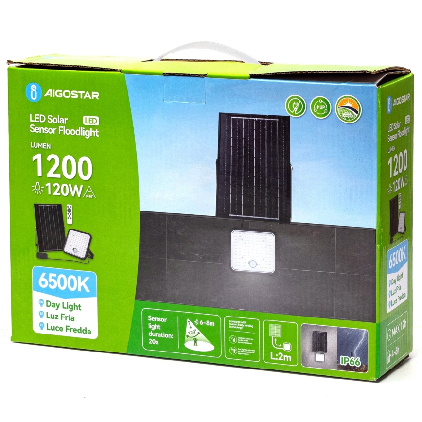 Aigostar - LED Dimmable Solar Floodlight with Sensor LED/120W/3,4V 6500K IP66 8000 mAh + remote control