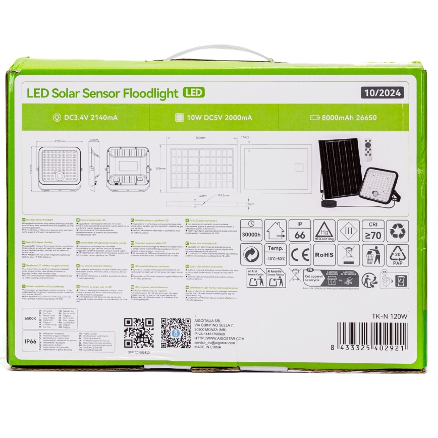 Aigostar - LED Dimmable Solar Floodlight with Sensor LED/120W/3,4V 6500K IP66 8000 mAh + remote control