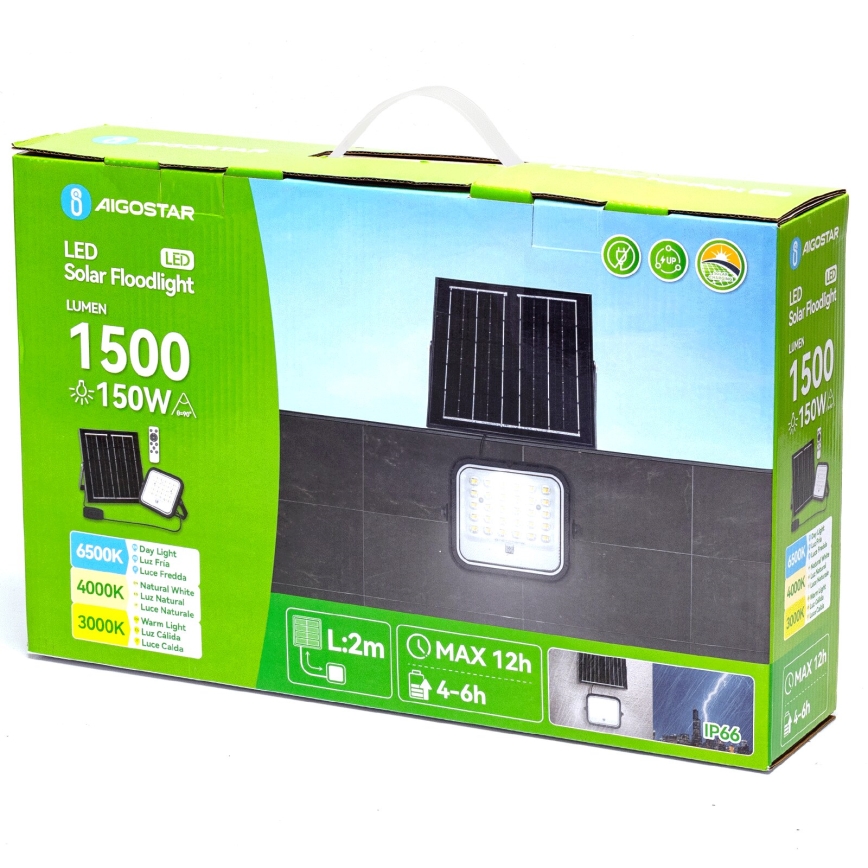 Aigostar - Dimmable Solar LED Floodlight / 150W / 3.4V / 3000K/4000K/6500K / IP66 / 12000 mAh + Remote Control