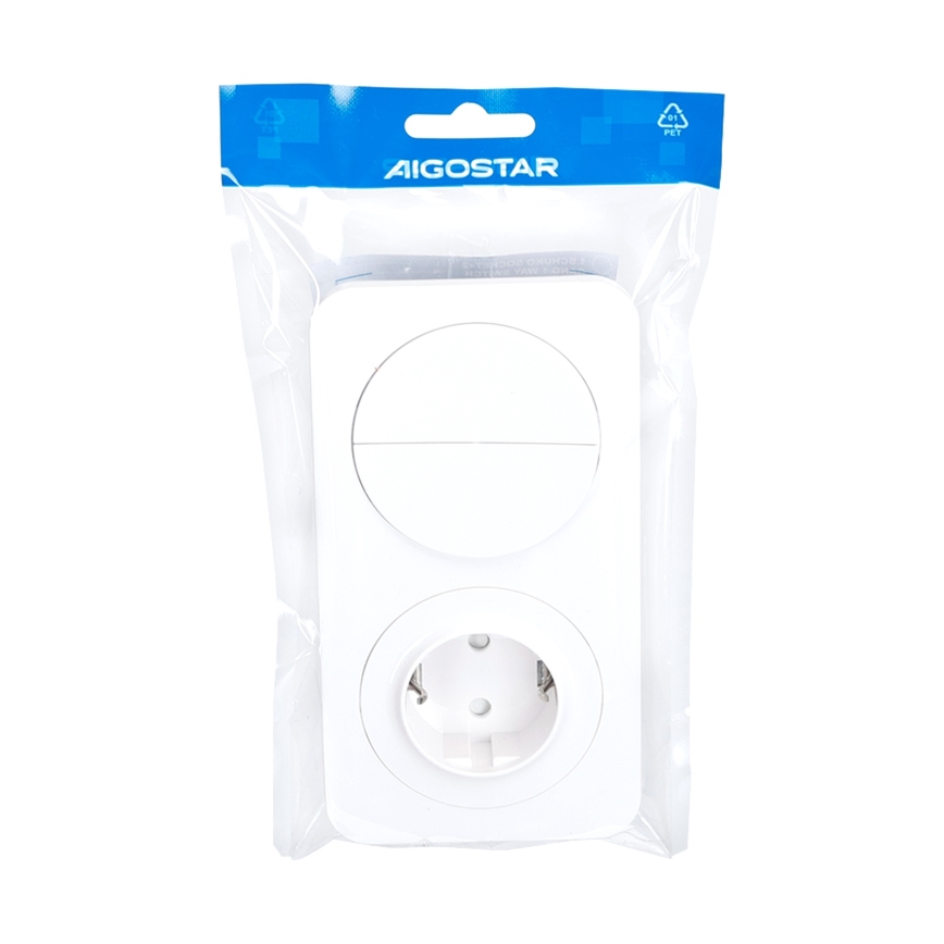 Aigostar - Double Switch No. 5 and SCHUKO 230V Socket with Frame, White