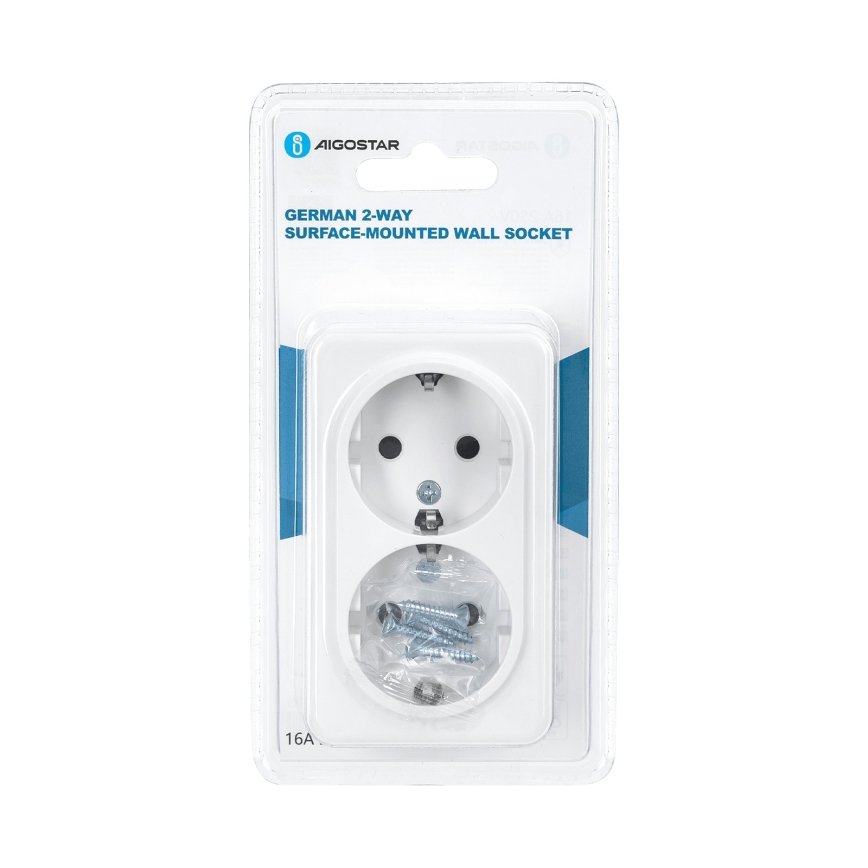 Aigostar - Double Wall-Mounted Household SCHUKO Socket 250V White