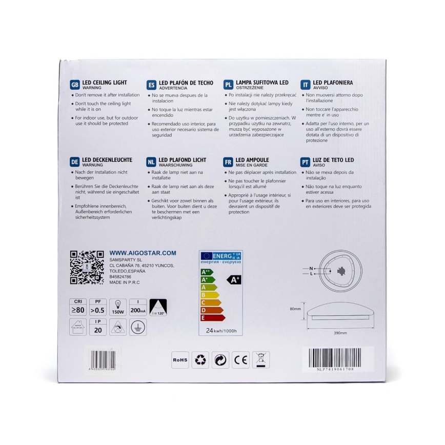 Aigostar - LED Ceiling light with a sensor LED/24W/230V 3000K