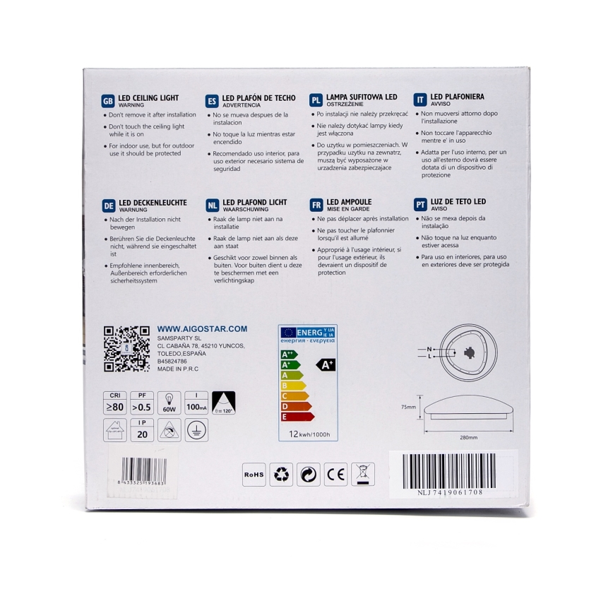 Aigostar - LED Ceiling Light with Sensor LED/12W/230V 3000K Ø 28 cm