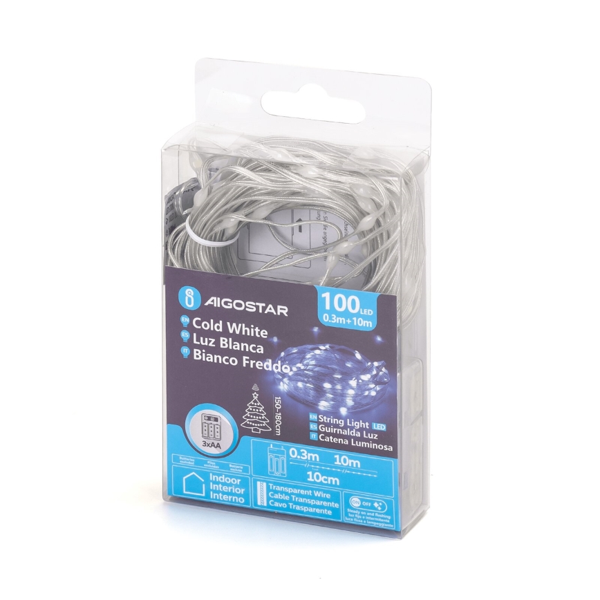 Aigostar - LED Christmas chain 100xLED/3xAA 10,3m cool white