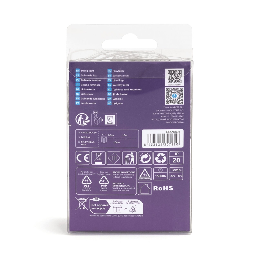 Aigostar - LED Christmas chain 100xLED/3xAA 10,3m warm white