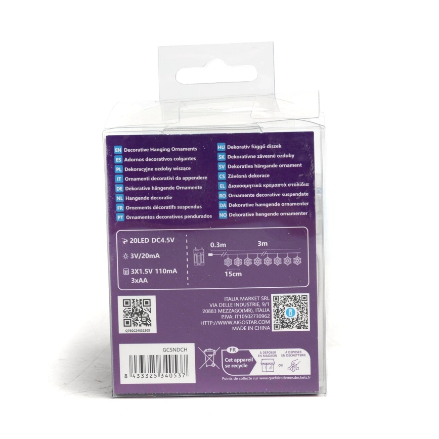 Aigostar - LED Christmas chain 20xLED/3xAA 3,3m snowflakes