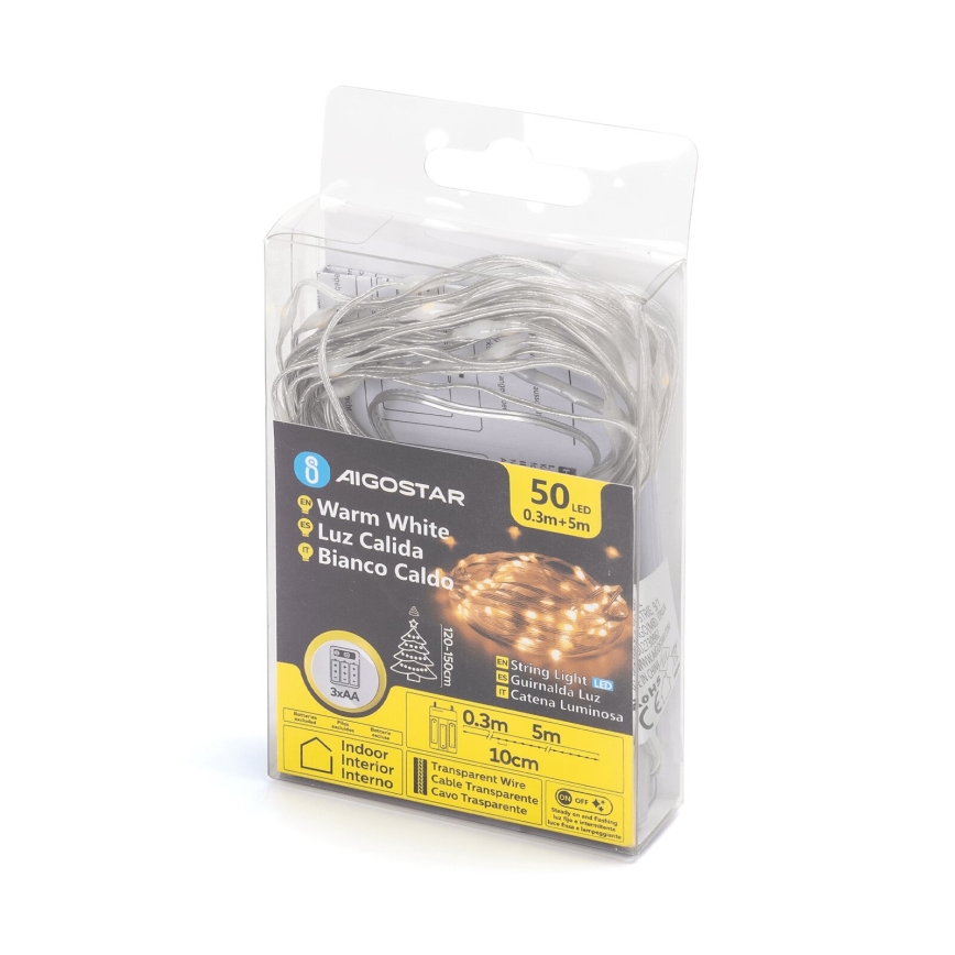 Aigostar - LED Christmas chain 50xLED/3xAA 5,3m warm white